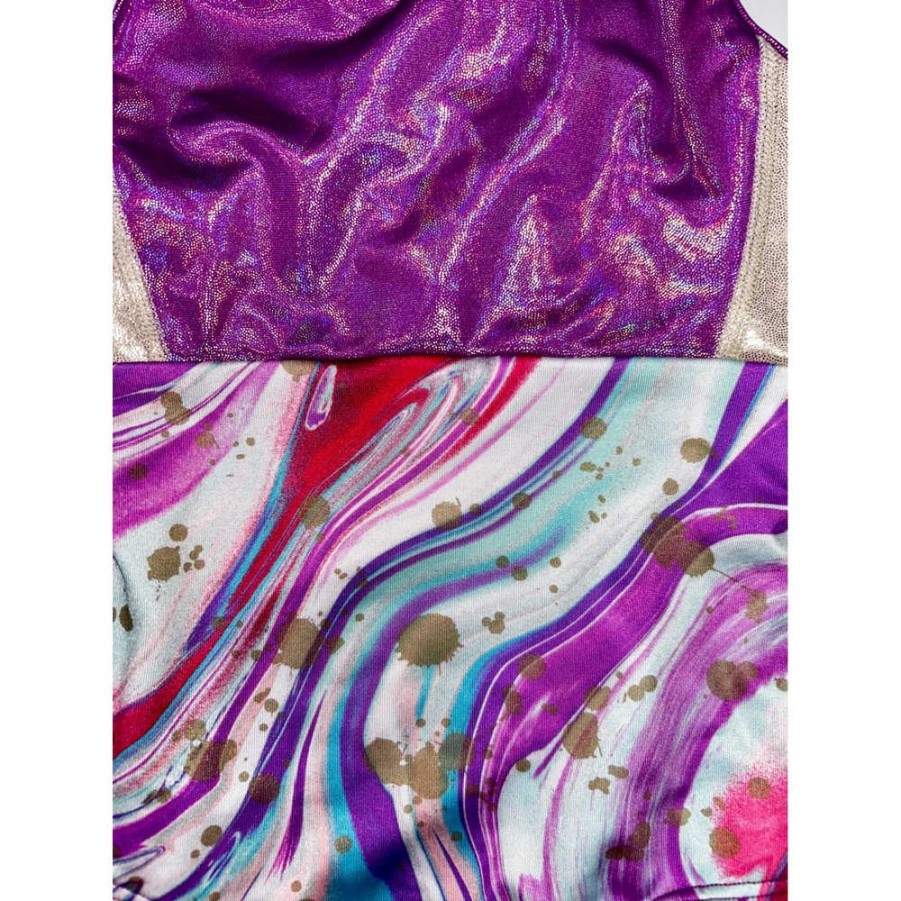 Justice Girls Gymnastics Leotard and Shorts Set Purple Marble Gold Foil XS 5/6 - Picture 4 of 8